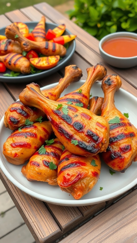 Grilled chicken drumsticks on a plate with herbs and grilled vegetables, outdoors.